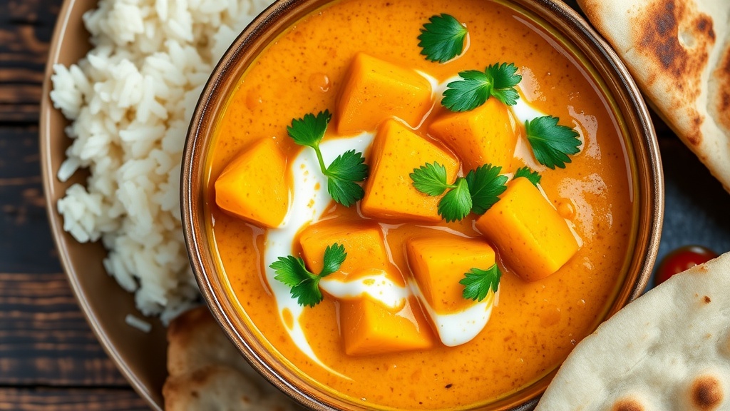 Savory Pumpkin Coconut Curry Recipe A bowl of creamy pumpkin coconut curry with cilantro on top, accompanied by rice and naan.